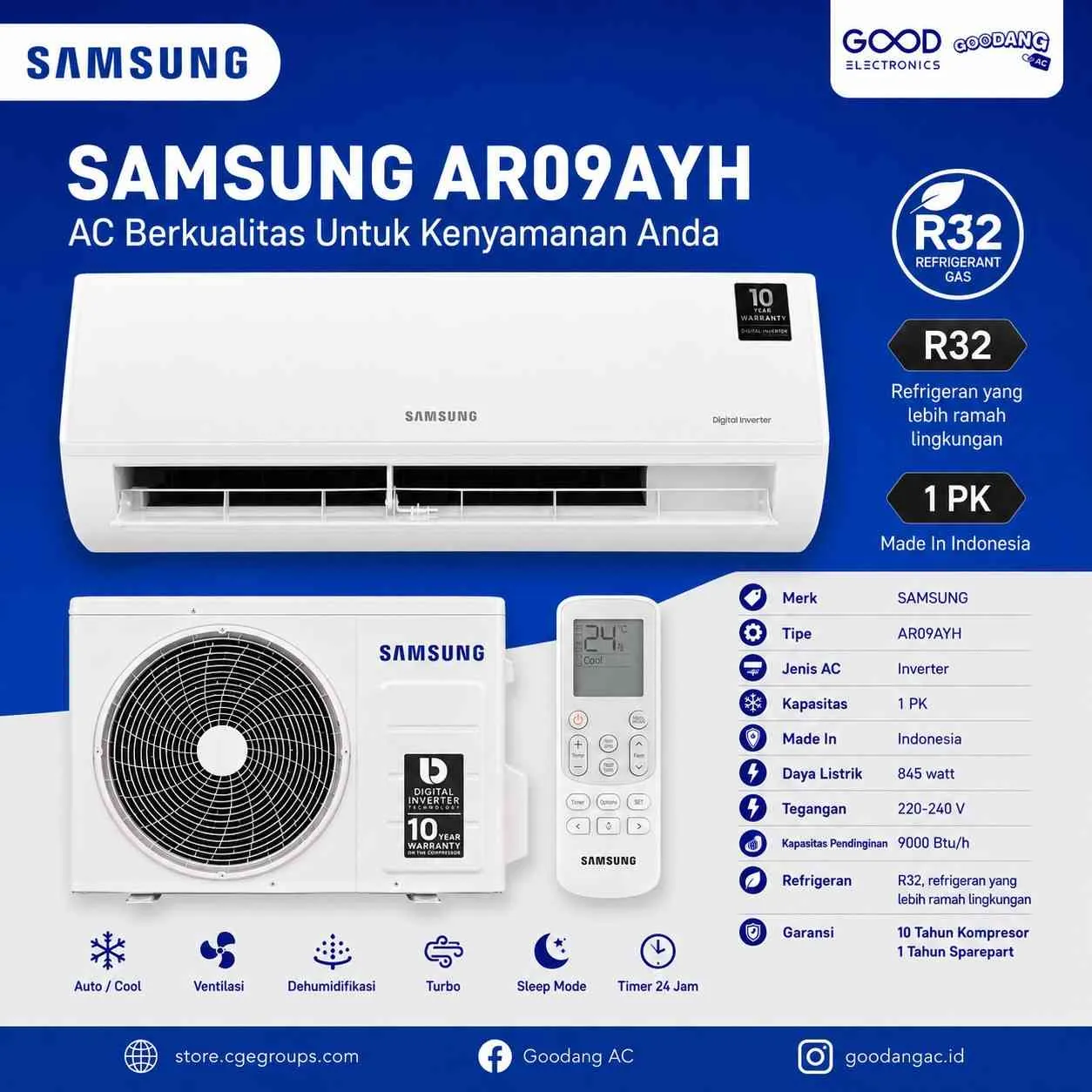 Unit Ac Merk SAMSUNG AR09AYH 1 Pk Inverter	