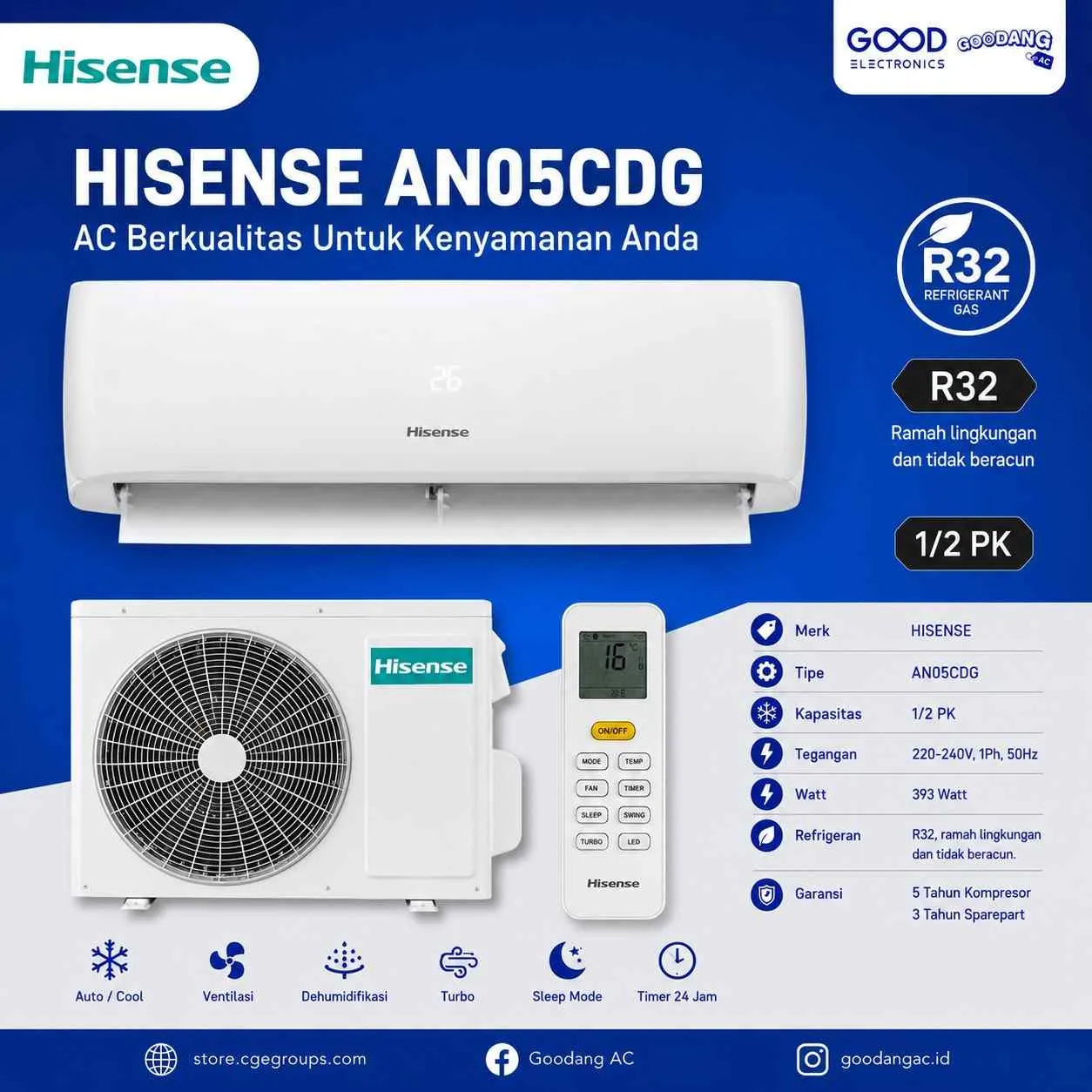 Unit Ac Merk HISENSE AN05CDG 1/2 Pk	